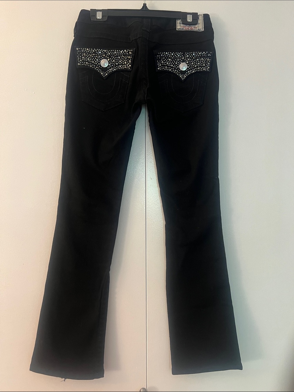 True Religion Black Flare Jeans with Rhinestone Back Pockets